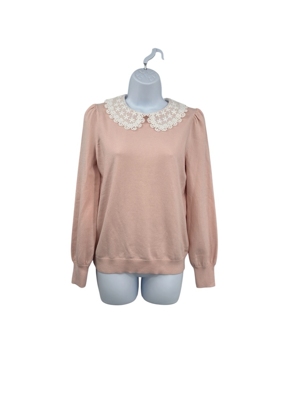 Boden Light Pink Long-Sleeve Sweater with White Lace Peter Pan Collar Size S
